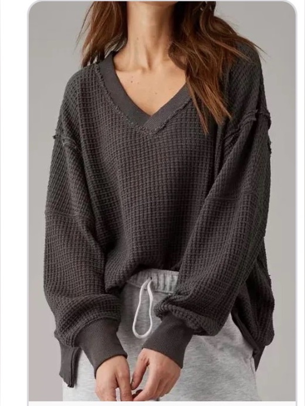 American Eagle Oversized Big Hug Waffle Sweatshirt XL V Neck Slouchy Distressed